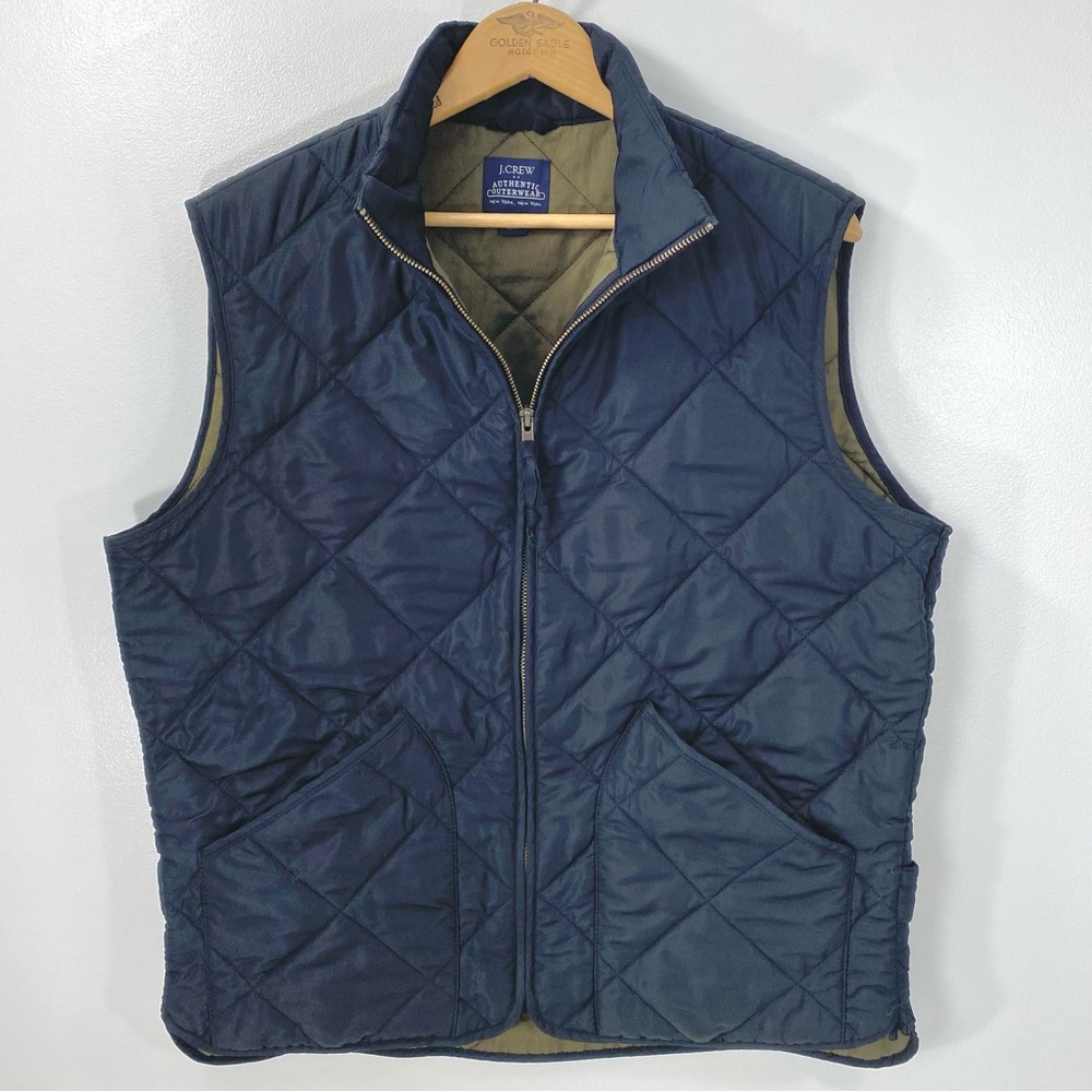J. Crew Authentic Outerwear New York NY Black Olive Green Quilted Zip Up Vest M